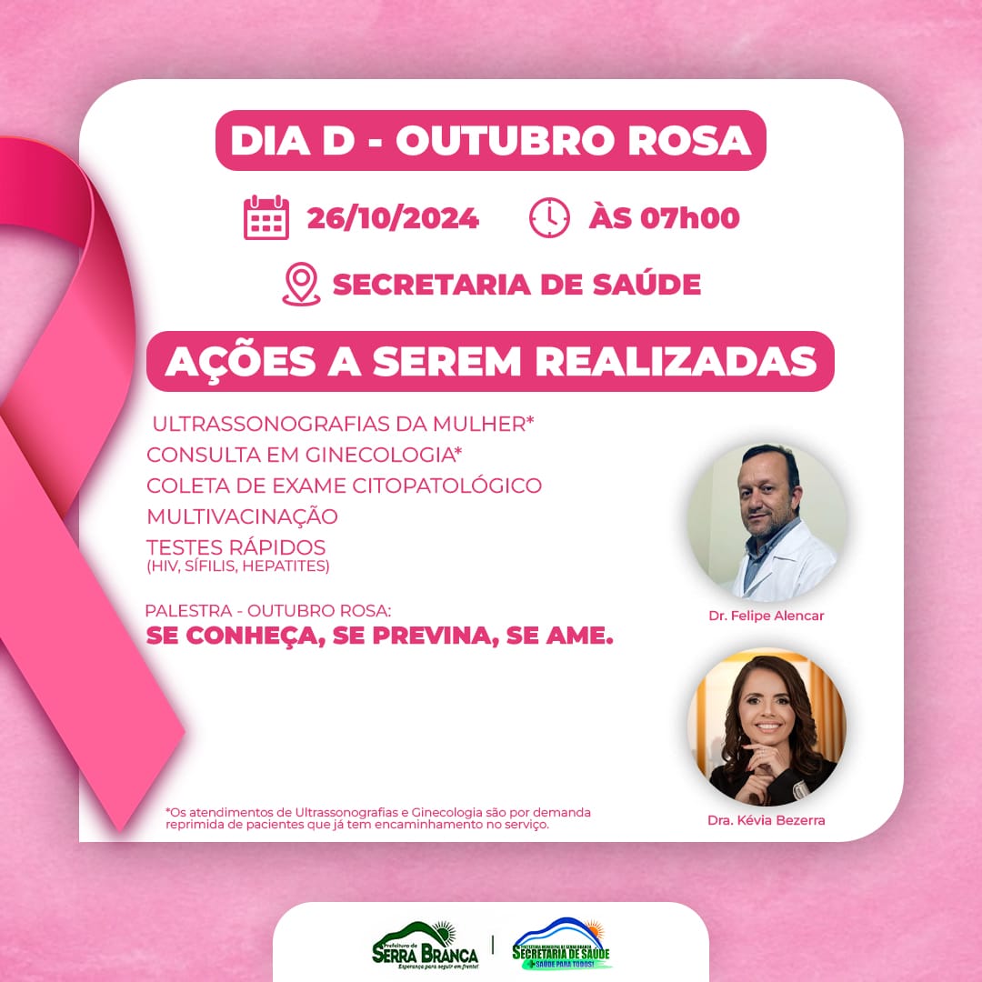 OUTUBRO ROSA: Secretaria de Saúde de Serra Branca promoverá dia D voltado para os cuidados com a saúde da mulher