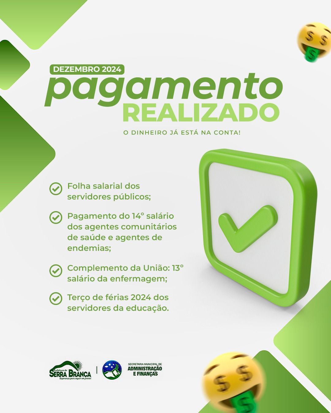 Prefeitura de Serra Branca efetua pagamento do 14º salário, complemento do 13º, terço de férias e folha de servidores