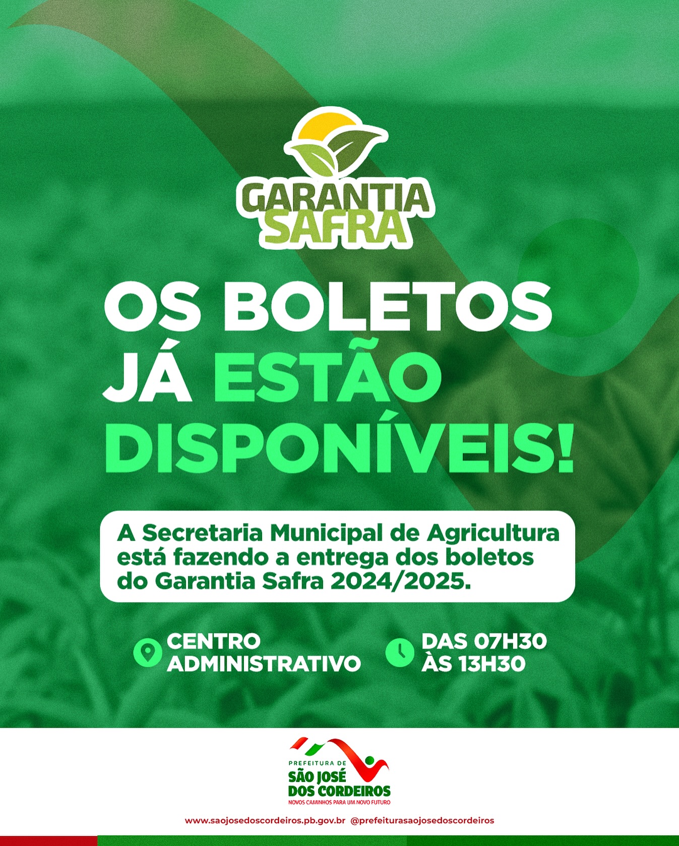 Secretaria de Agricultura de São José dos Cordeiros está realizando a entrega dos boletos do Garantia Safra 2024/2025