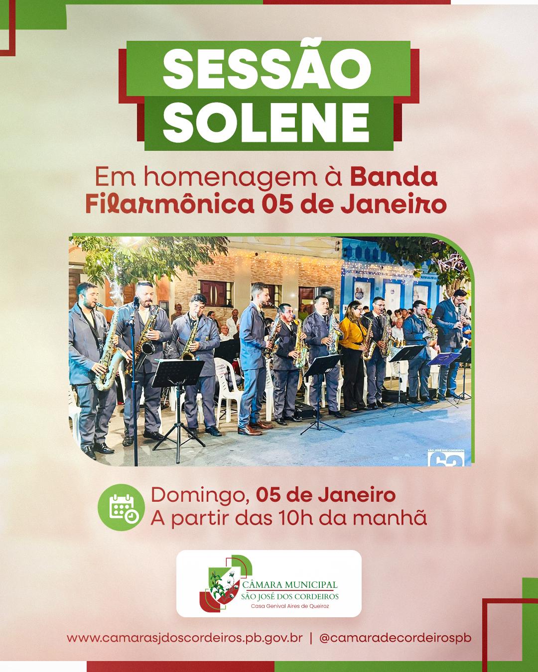 Câmara de São José dos Cordeiros realiza neste domingo, Sessão Solene em homenagem à Banda Filarmônica 05 de Janeiro