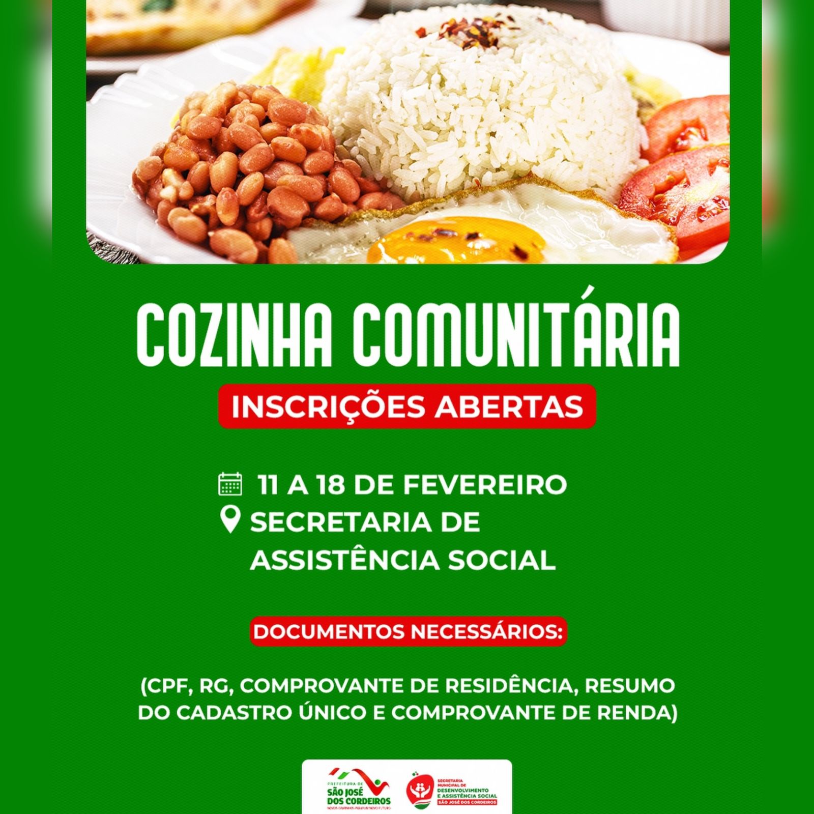 São José dos Cordeiros abre inscrições para a Cozinha Comunitária