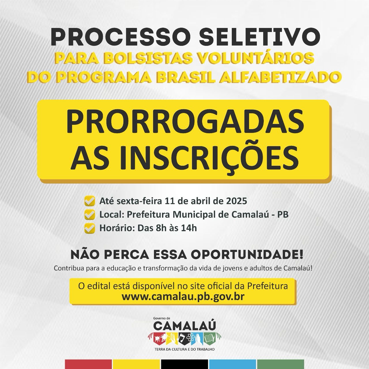 Prefeitura de Camalaú prorroga inscrições para o processo seletivo de bolsistas do programa Brasil Alfabetizado