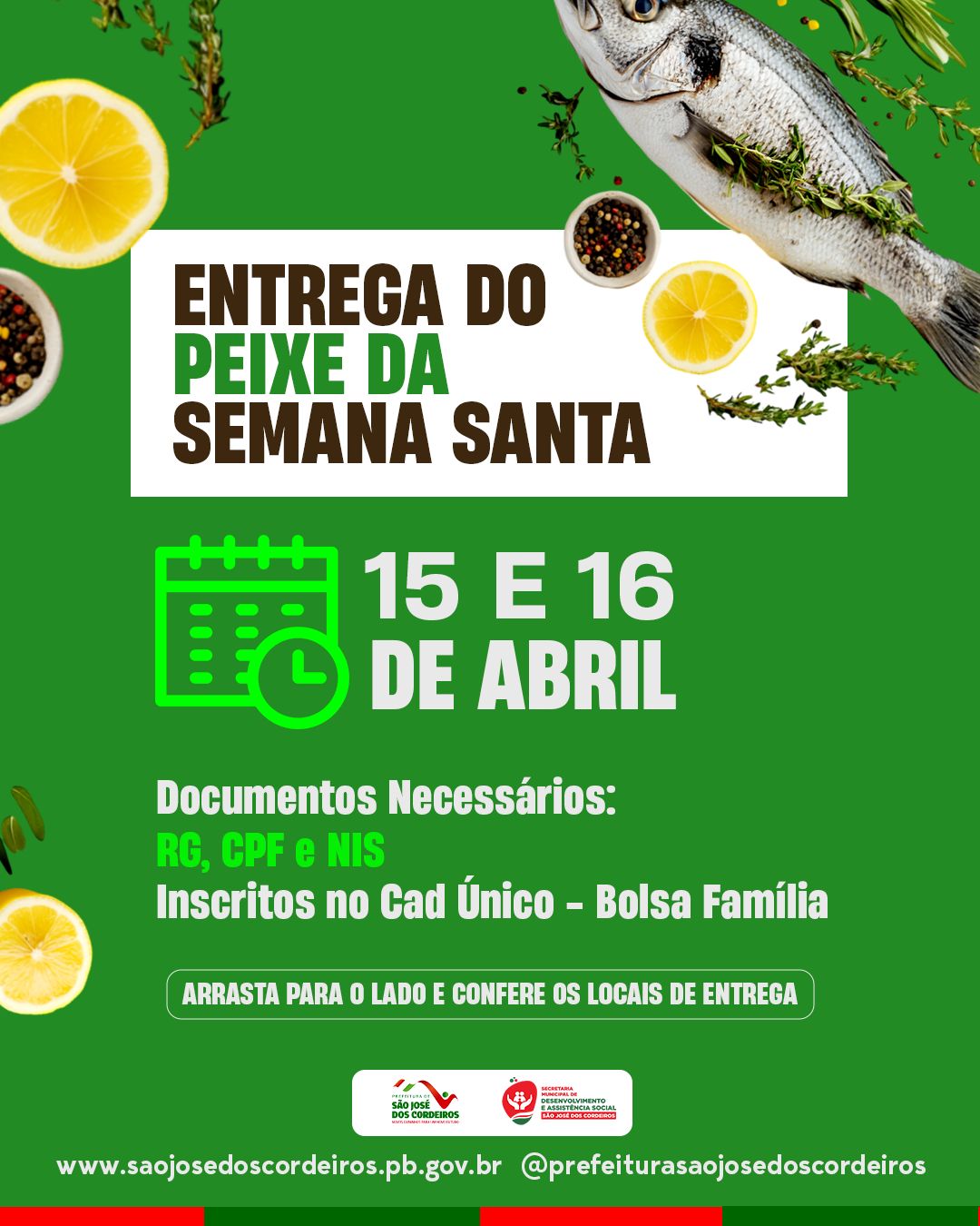 Prefeitura de São José dos Cordeiros realizará entrega de kits alimentares da Semana Santa para famílias cadastradas no CadÚnico
