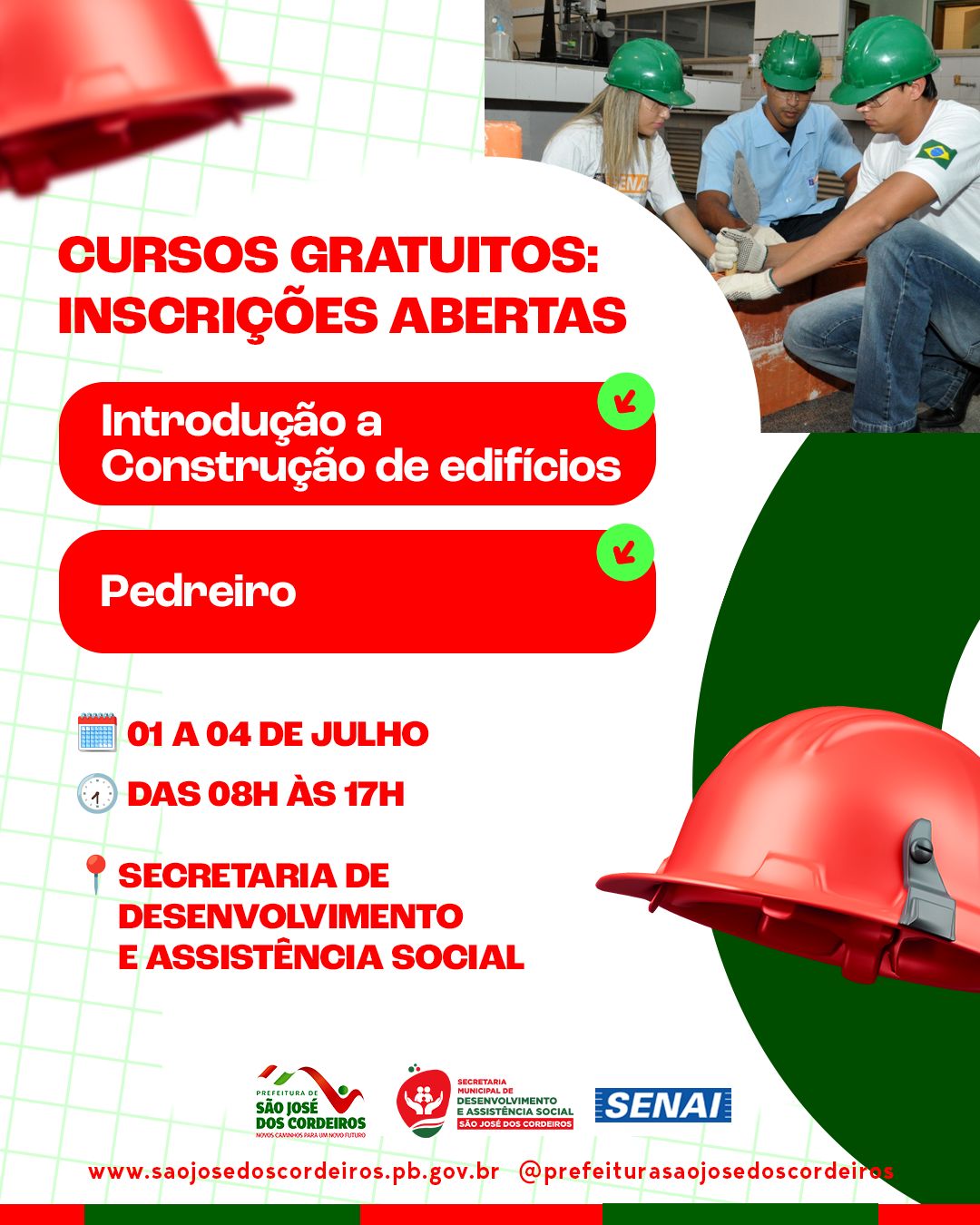 Prefeitura de São José dos Cordeiros abre inscrições para cursos gratuitos em parceria com o SENAI