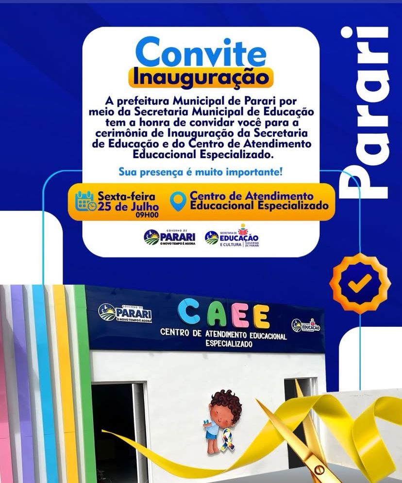 Parari inaugura Secretaria de Educação e Centro de Atendimento Educacional Especializado nesta sexta-feira
