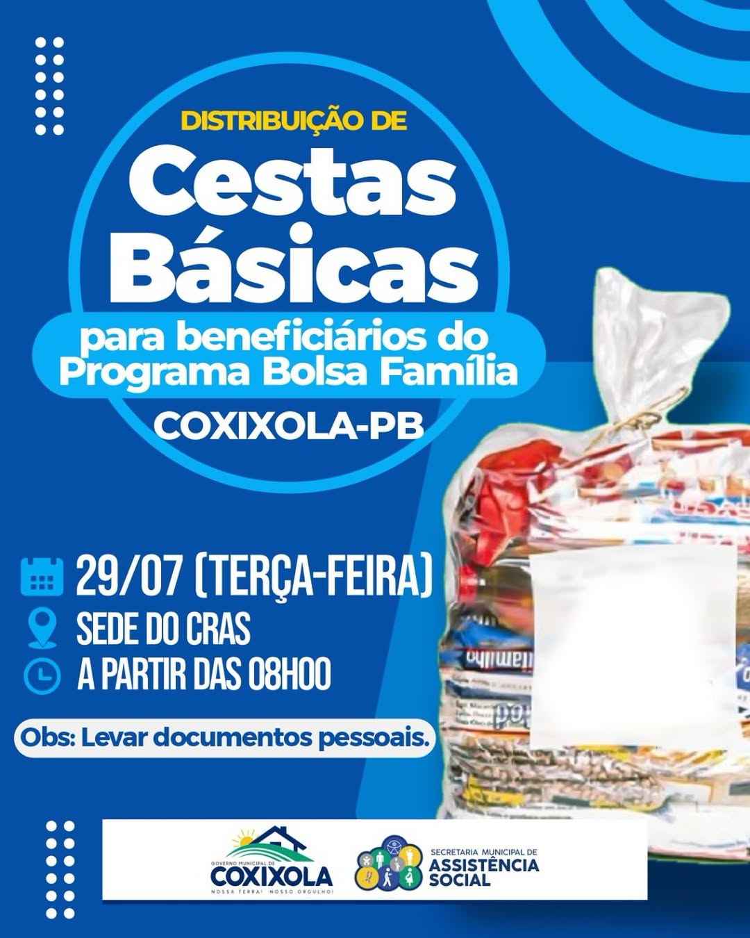 Prefeitura de Coxixola realiza entrega de cestas básicas a beneficiários do Bolsa Família