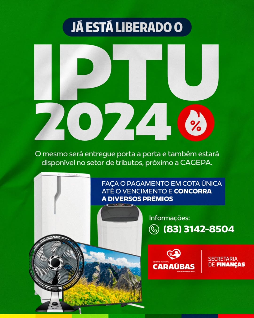 Prefeitura de Caraúbas inicia distribuição dos boletos do IPTU 2024 com premiação para quem pagar em cota única