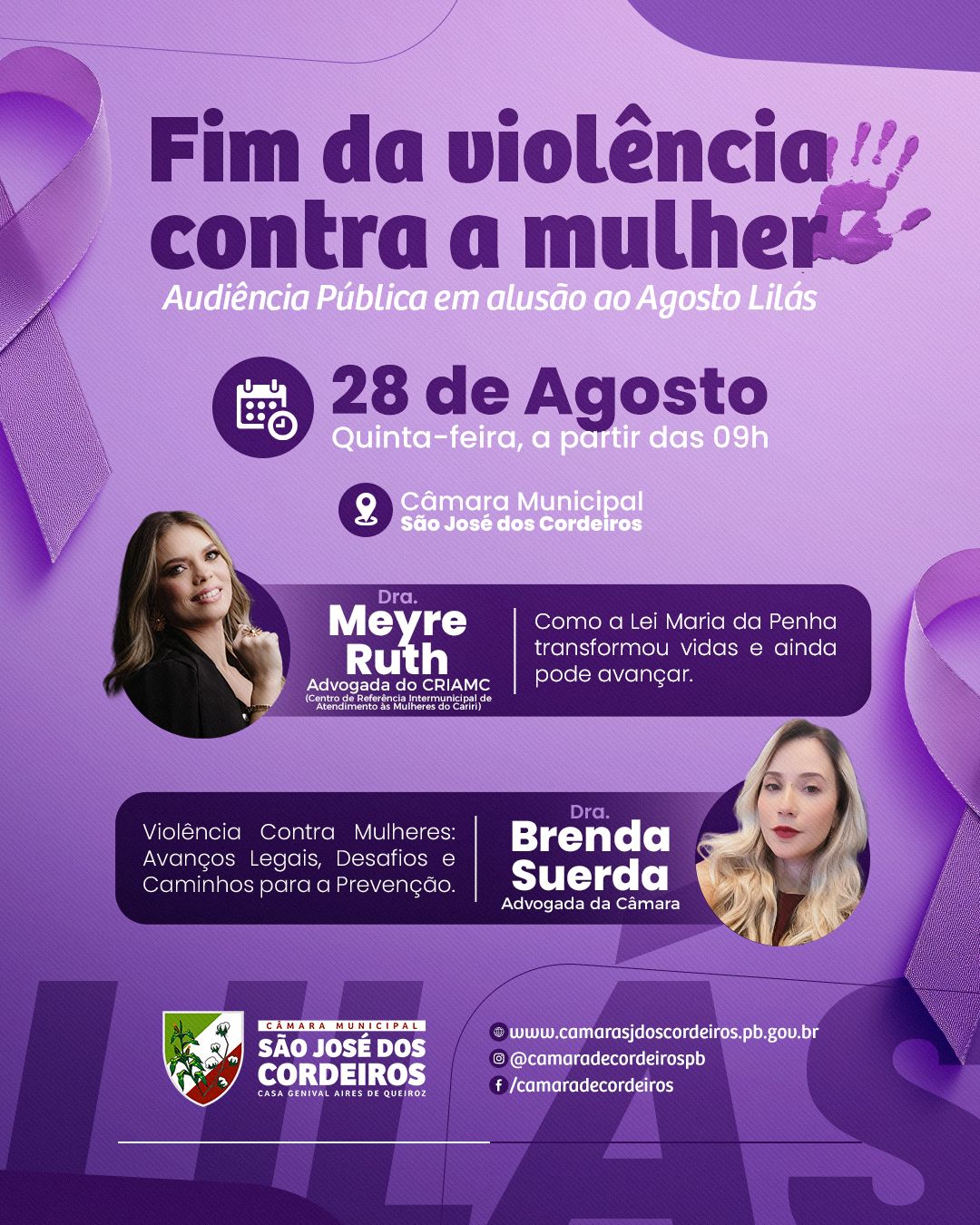 Câmara de São José dos Cordeiros realiza nesta quinta-feira audiência pública dentro da programação do Agosto Lilás