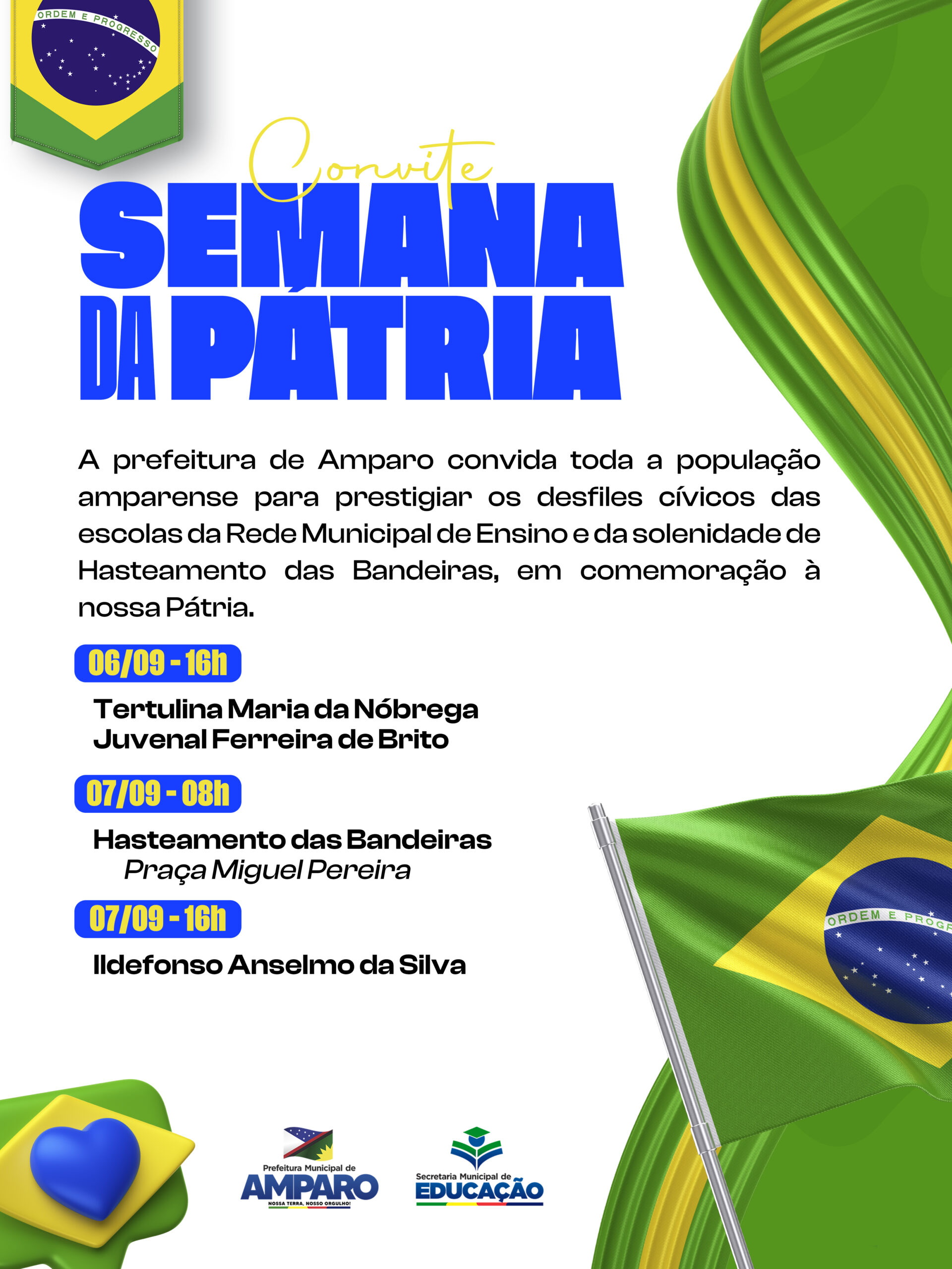 Prefeitura de Amparo realiza programação especial da Semana da Pátria com desfiles cívicos e hasteamento das bandeiras