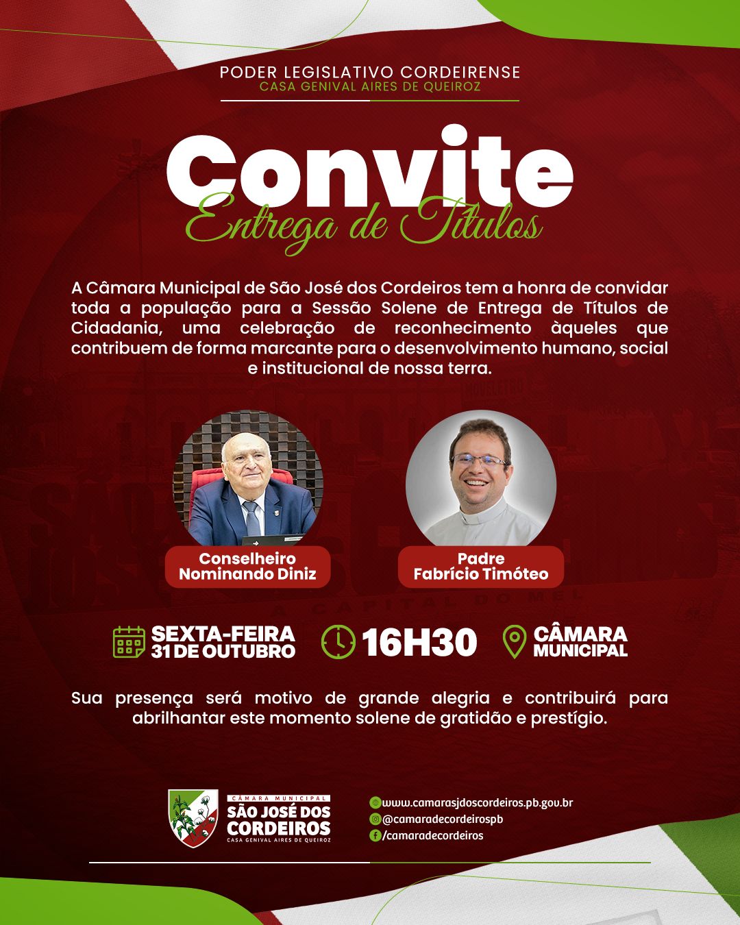Câmara de São José dos Cordeiros realizará Sessão Solene de Entrega de Títulos de Cidadania a Nominando Diniz e Padre Fabrício