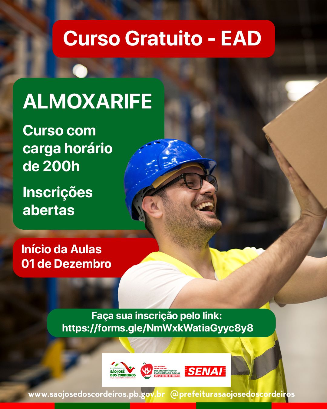 Prefeitura de São José dos Cordeiros abre inscrições para curso gratuito de Almoxarife em parceria com o SENAI
