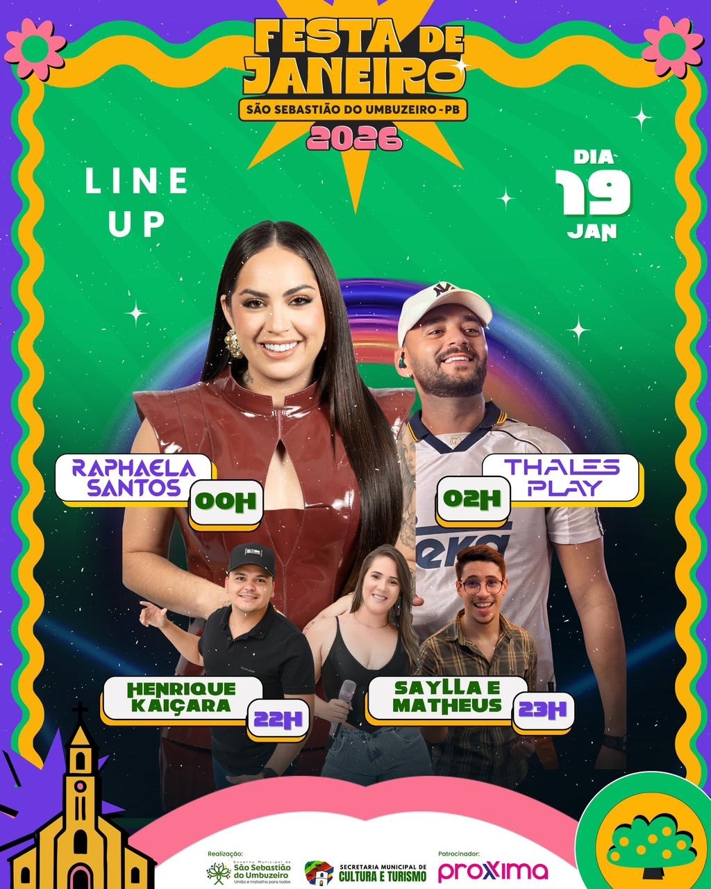 Festa de Janeiro continua hoje (19) em São Sebastião do Umbuzeiro, com shows de Saylla e Matheus, Henrique Kaiçara, Thales Play e Raphaela Santos