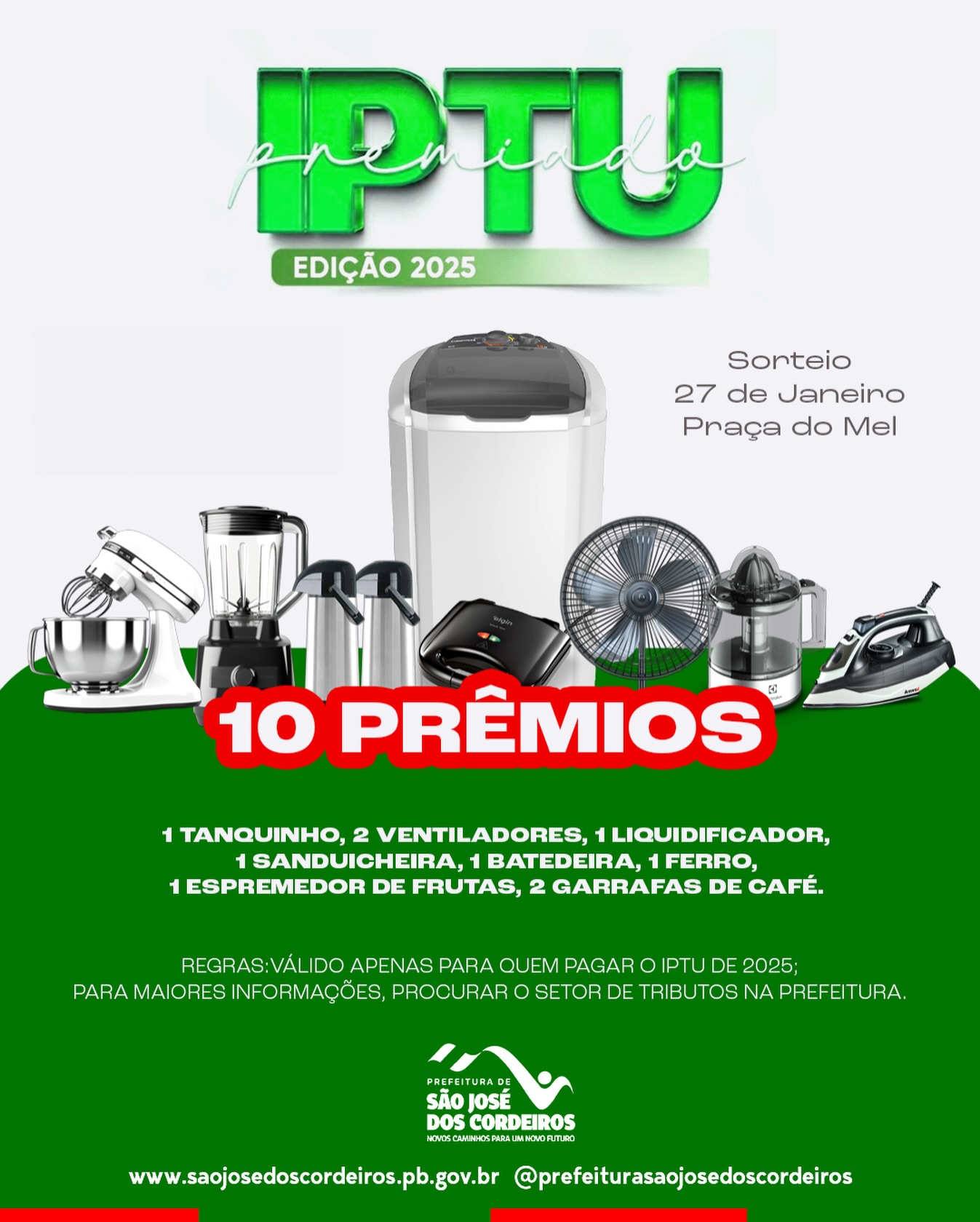 Prefeitura de São José dos Cordeiros realizará sorteio de prêmios para contribuintes do IPTU 2025