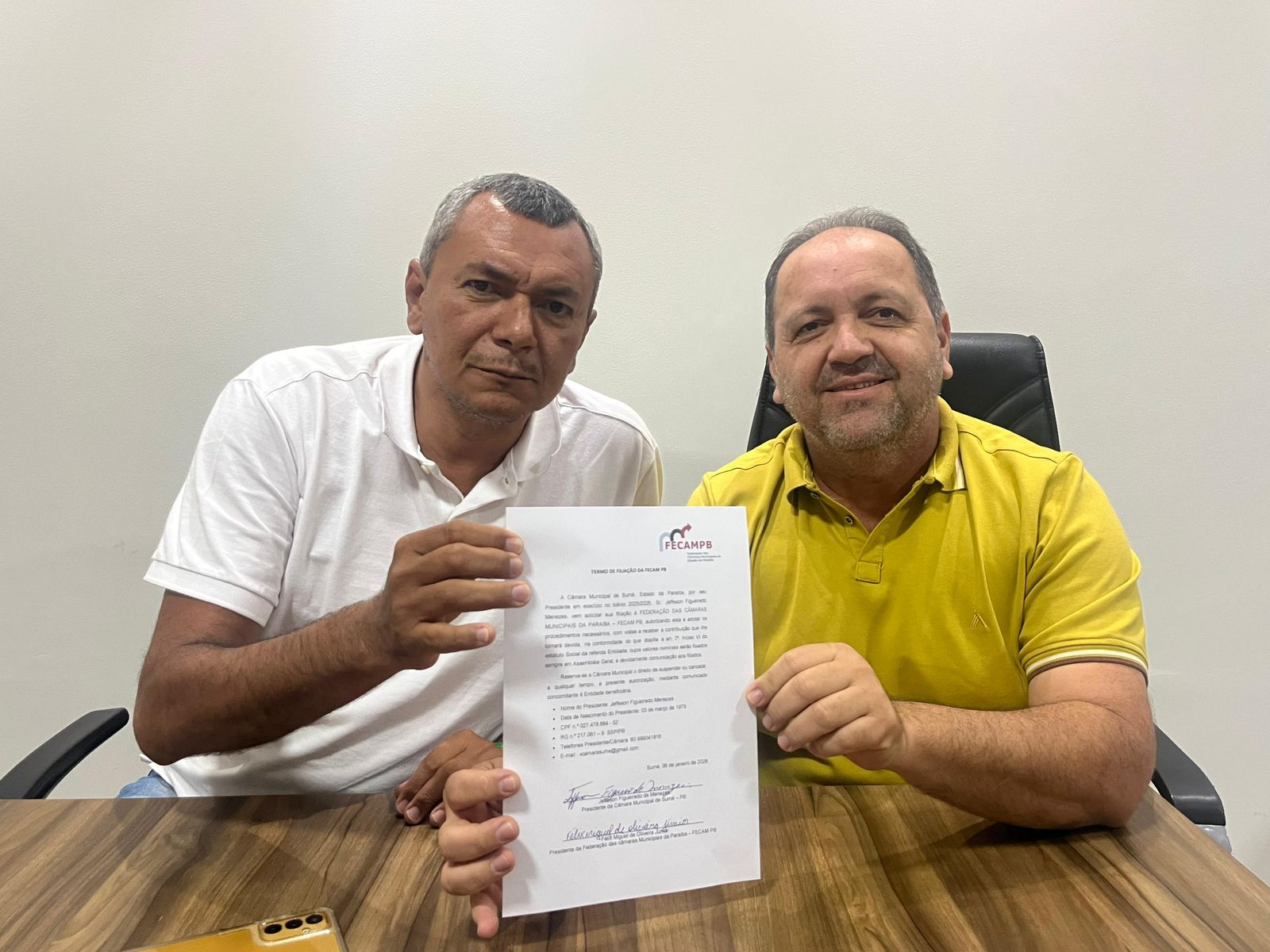 Presidente Jeffeson Menezes assina filiação da Câmara de Sumé à FECAM-PB e anuncia benefício com desconto na conta de energia