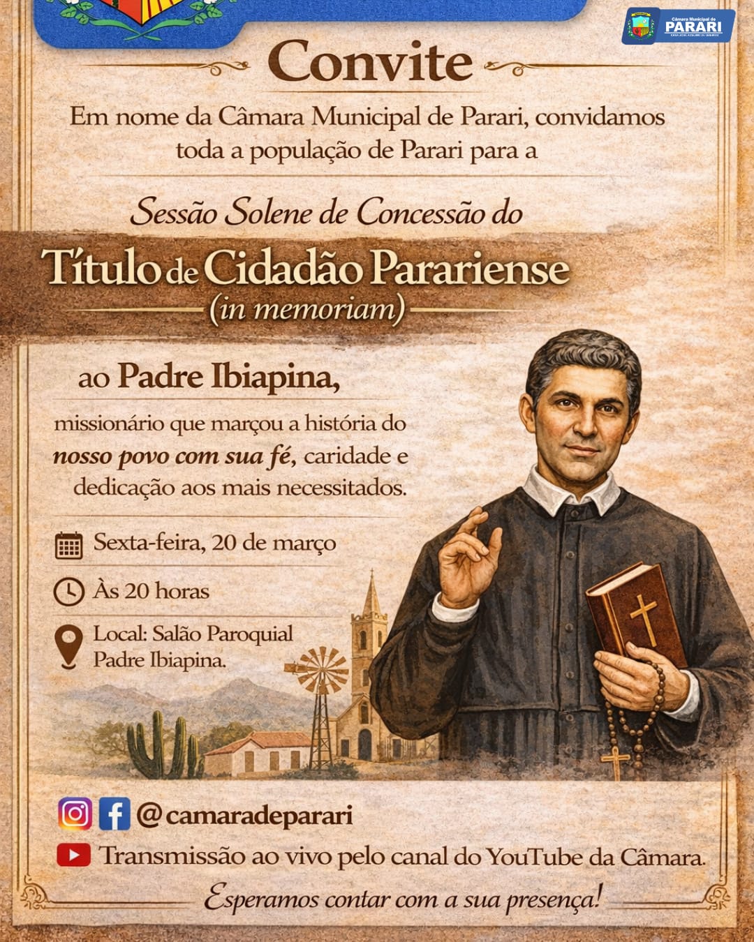 Câmara de Parari presta homenagem histórica ao Padre Ibiapina com título de cidadão parariense