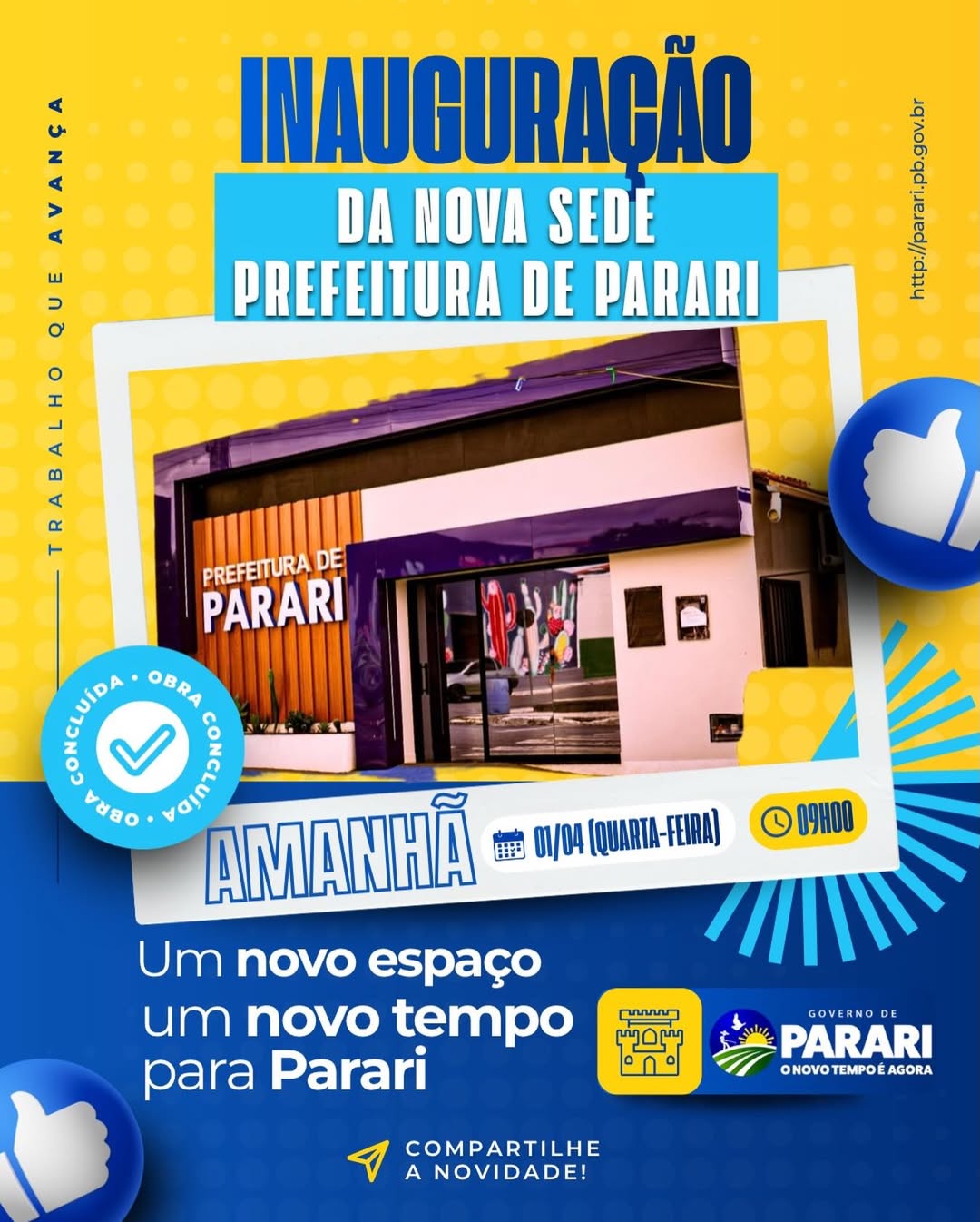 Parari inaugura nova sede da Prefeitura nesta quarta-feira (1º) com cerimônia oficial