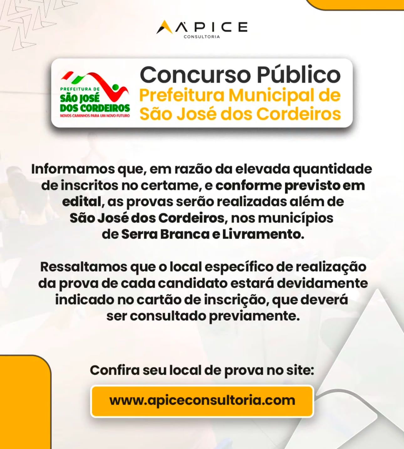 Banca organizadora informa ampliação de locais de prova de concurso em São José dos Cordeiros